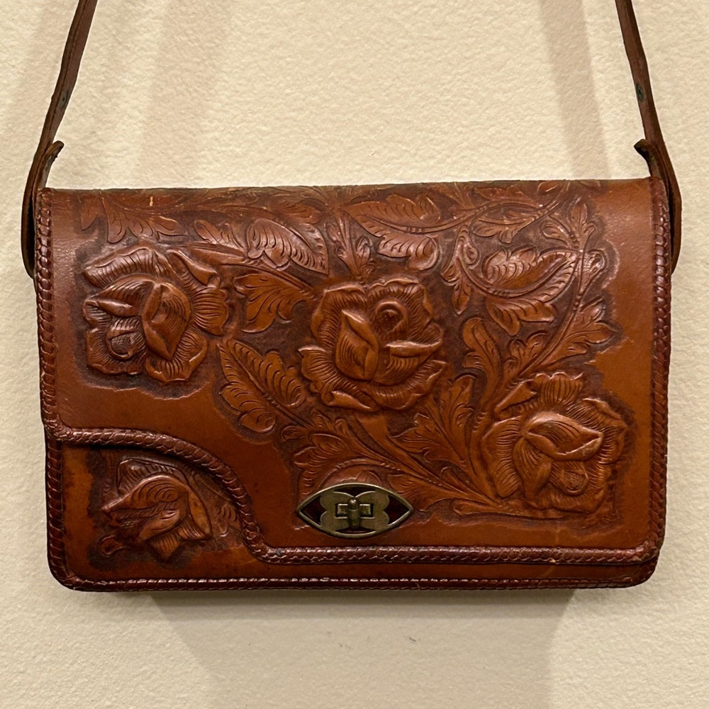 Vintage Handcrafted Floral Mexican Leather Bag - stamped Nunez